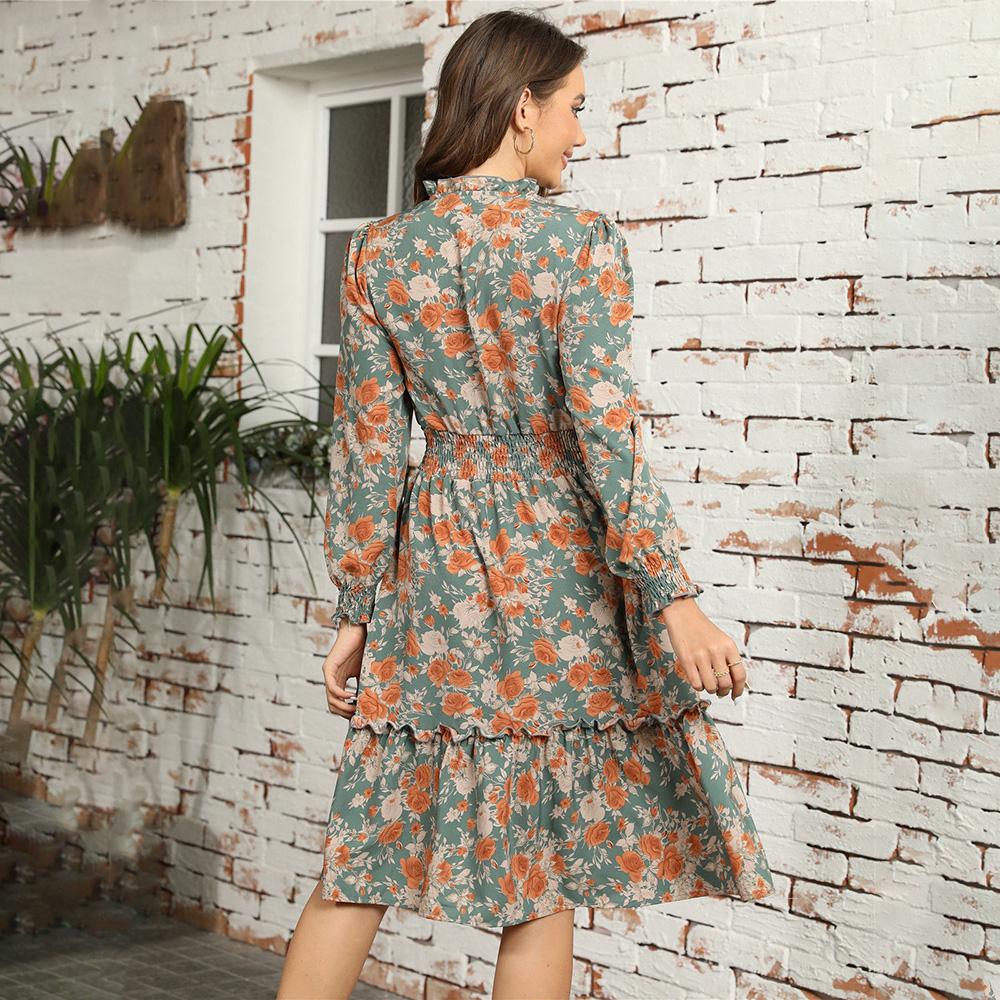 Осень-зима женское элегантное повседневное платье трапециевидной формы длиной до колена с высокой талией и длинным рукавом с принтом