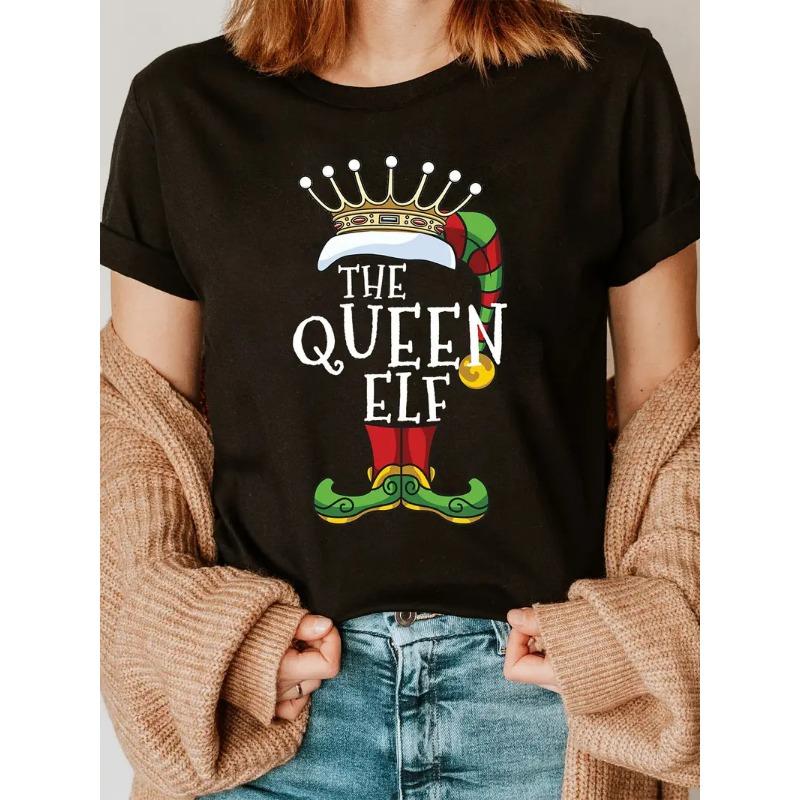 Летние женские свободные повседневные футболки с круглым вырезом и короткими рукавами из чистого хлопка с рождественским принтом