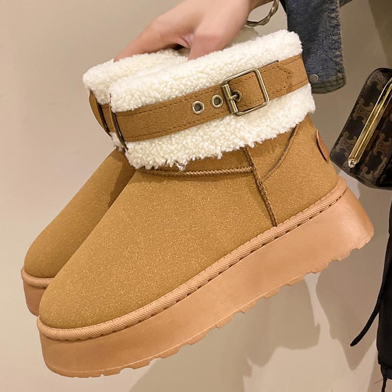 Мода Rimocy Металлическая пряжка Теплые женские сапоги Bare Boots Толстые плюшевые зимние сапоги на платформе для отдыха на открытом воздухе Повседневные пушистые короткие сапоги Femme