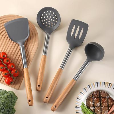 Силиконовая кухонная утварь с деревянной ручкой, кастрюля с антипригарным покрытием, кухонная утварь, жаропрочная ложка для супа, дуршлаг, лопатка для пасты