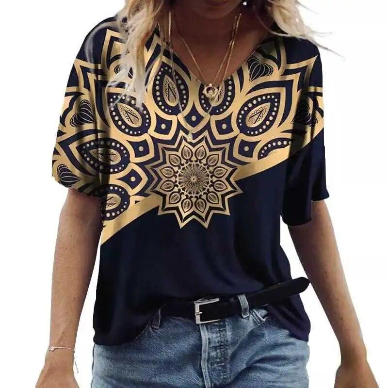 2023 Summer 5XL Women's T-Shirt Vintage Casual Black Fashion V Neck Pullover Short Sleeve Printed Loose Daily Tops Design Clothe
