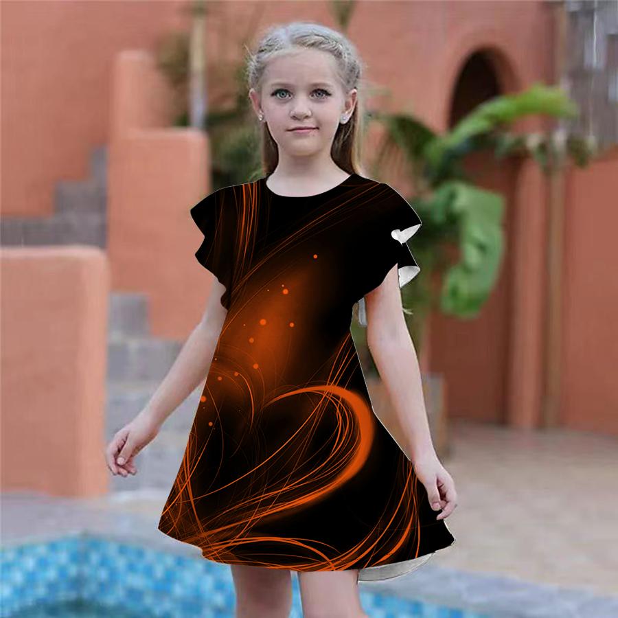 Girls Love Lines Print Dresses Kids Girl Party Dress Loose Fitting Loose Fitting Short Sleeved Skirt For Girls Over Four Years Old