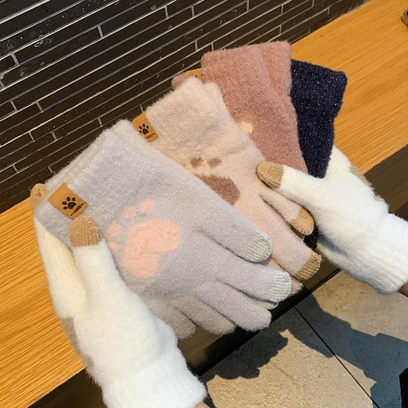 Милые плюшевые перчатки для девочек на зиму Утепленные и теплые, вязаные из шерсти с сенсорным экраном для езды на велосипеде, чтобы согреться Для студентов зимой