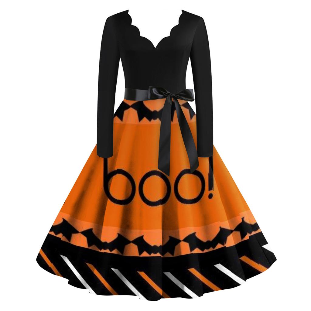 Женское винтажное классическое платье с вырезом на талии и галстуком-бабочкой с длинными рукавами на Хэллоуин с принтом и V-образным вырезом, свободное платье