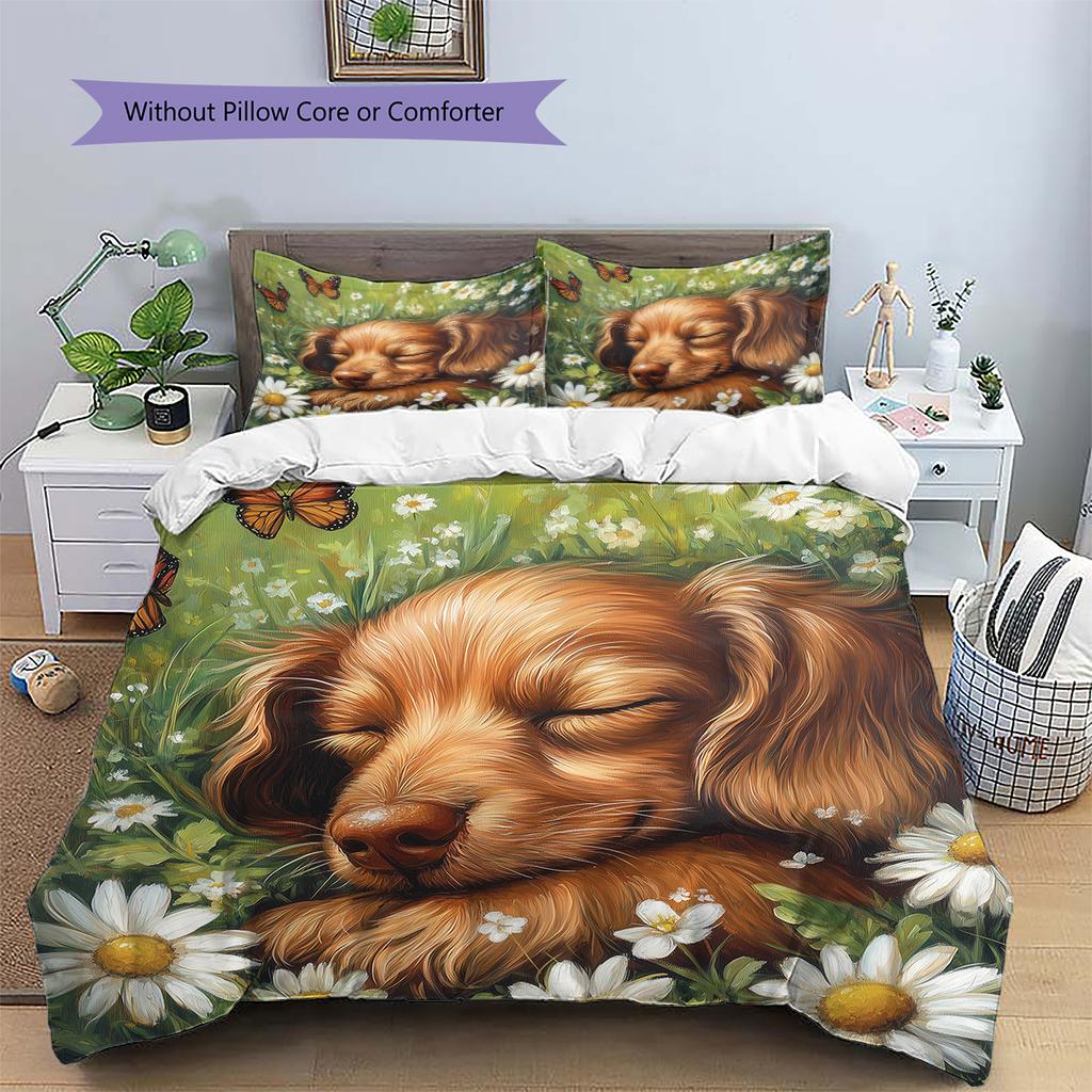 Dachshund and Grassland Pattern Bedding Home Decoration Birthday Gift (1 * duvet cover + 2 * pillowcase, without core)