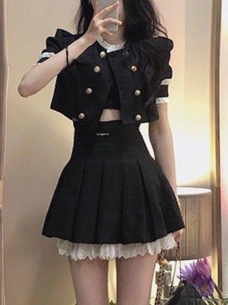 Black French Vintage New Two Piece Set Women College Style Lace Elegant Skirt Sets Female Japanese Sweet Mini Skirt Suit Summer