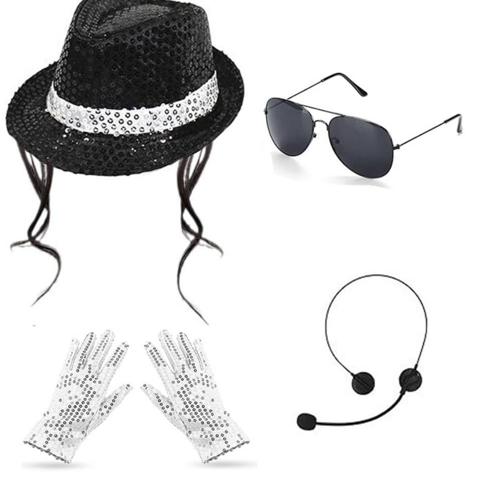 Rhinestone Gloves Costume Accessories Set Sequin Fedora Hat Halloween Costume 80s Theme Party