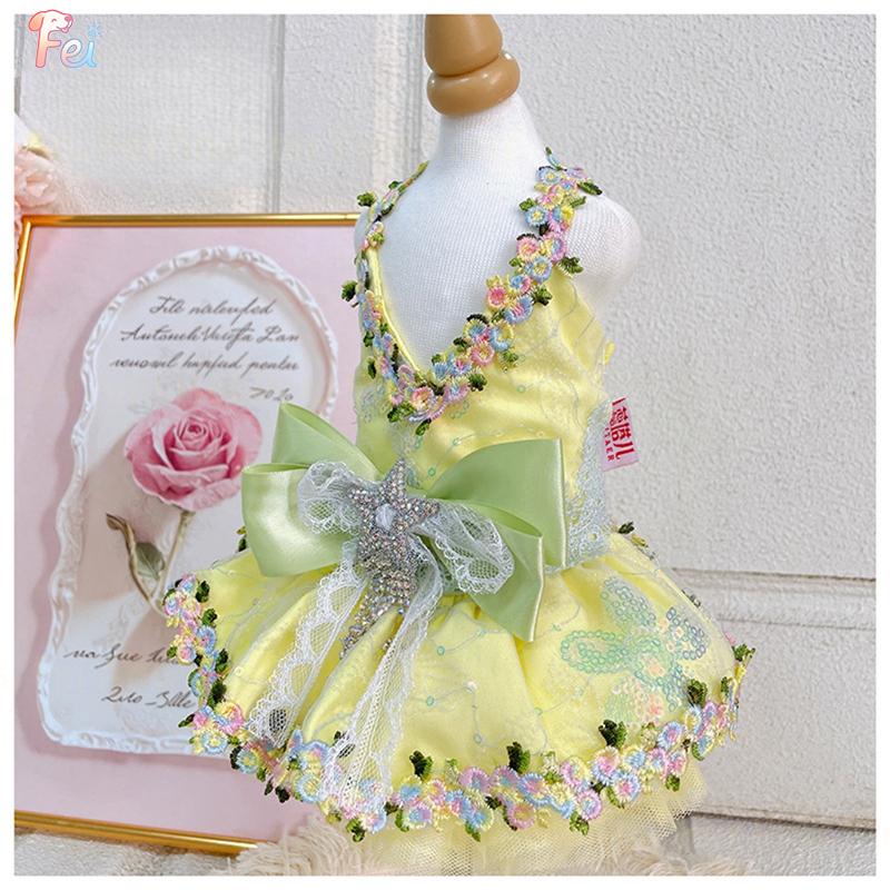 Stylish Yellow Pet Dog Princess Dress, Handmade Floral Bow Outfit for Small Dogs, Premium Apparel for Pet Events & Photoshoots