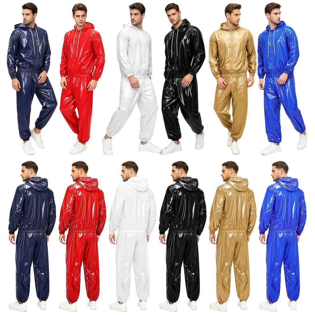 Men’s Outdoor Waterproof Suit Hooded Windbreaker Jacket Front Zipper and Sweatpants for Trail Fishing Workout Exercise