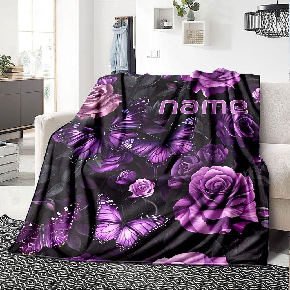 Purple Roses And Butterflies Throw Customizable Blanket Personalized Text Comfortable Texture Suitable For Sofa Couch Office Bed Picnics Ideal For All