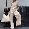 Women's Casual Loose Short Sleeve Top with Pleated Detail and Wide Leg Pants Set In Light Beige