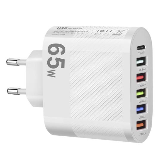 Универсальный дорожный адаптер с 6 портами, 65 Вт, 5 USB/Type-C, быстрая зарядка, интеллектуальная технология шунта, многофункциональная защита, эффективное настенное зарядное устройство с вилкой европейского стандарта