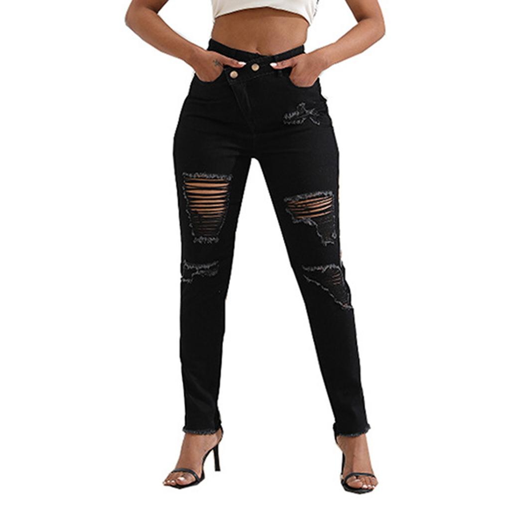 Ripped High Waist Slim Fit Washed Women's Denim Pants