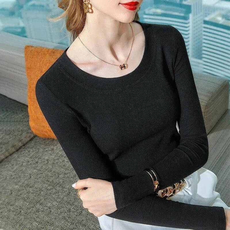 Осенняя вязаная футболка с круглым вырезом и длинными рукавами, женская повседневная модная пуловерная футболка, женские тонкие женские футболки с однотонной нижней частью, 30276
