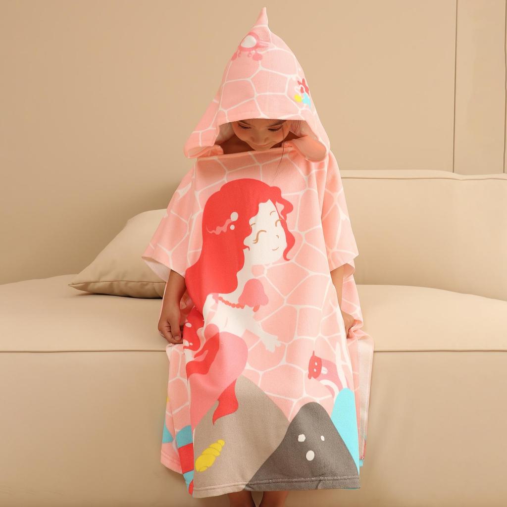 Ultra-Fine Fiber Cartoon Print Kids' Hooded Bath Towel Poncho
