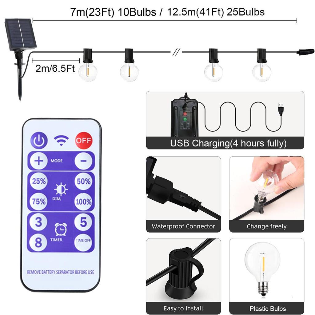 G40 уличный гирляндный светильник на солнечных батареях, светодиодные лампы для патио, солнечная гирлянда для кемпинга, садовой вечеринки, уличной террасы, украшение