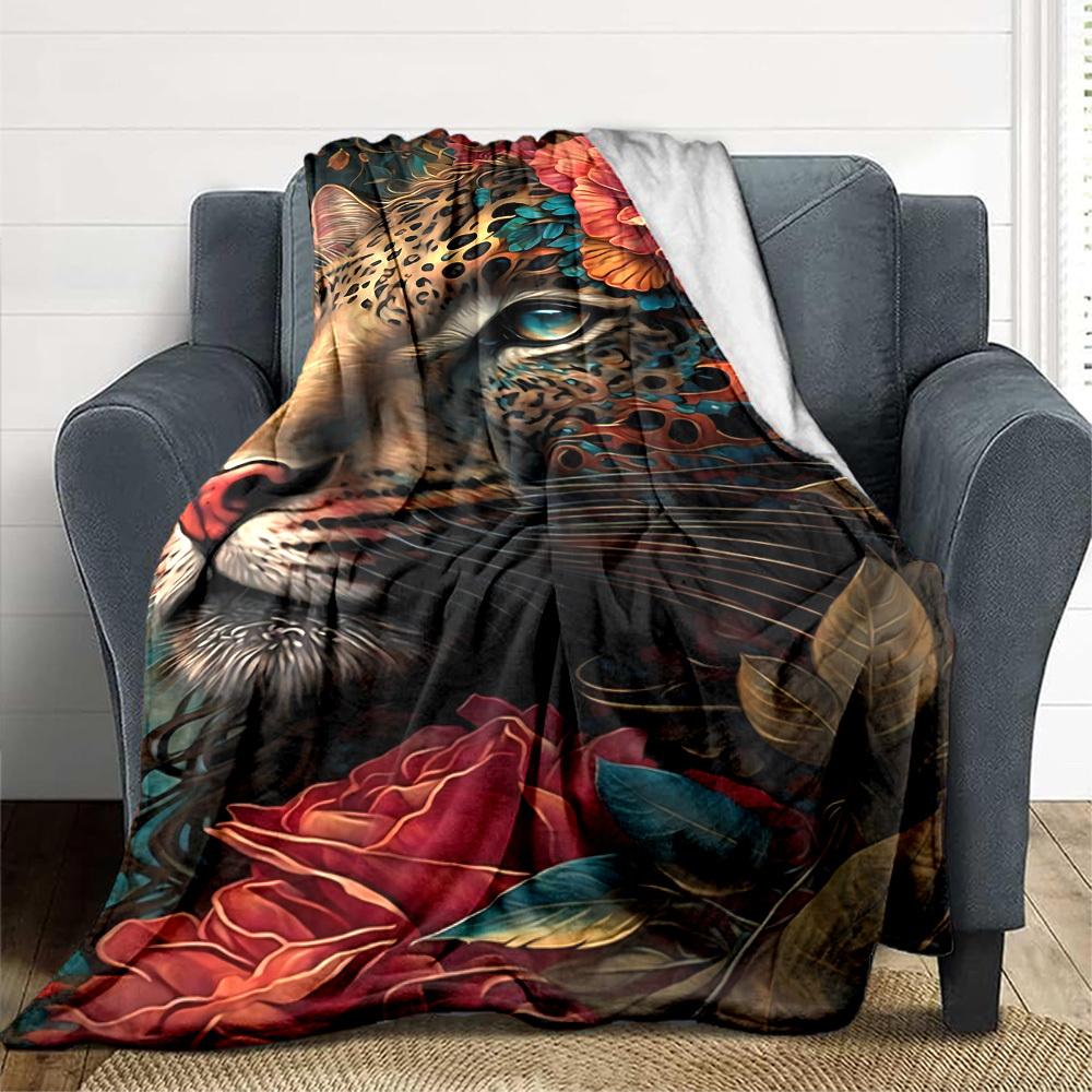 1pc Leopard Floral Print Blanket Lightweight Blanket Throw Blanket For Sofa, Bed, Travel, Camping, Livingroom, Office, Couch, Chair yy251010065