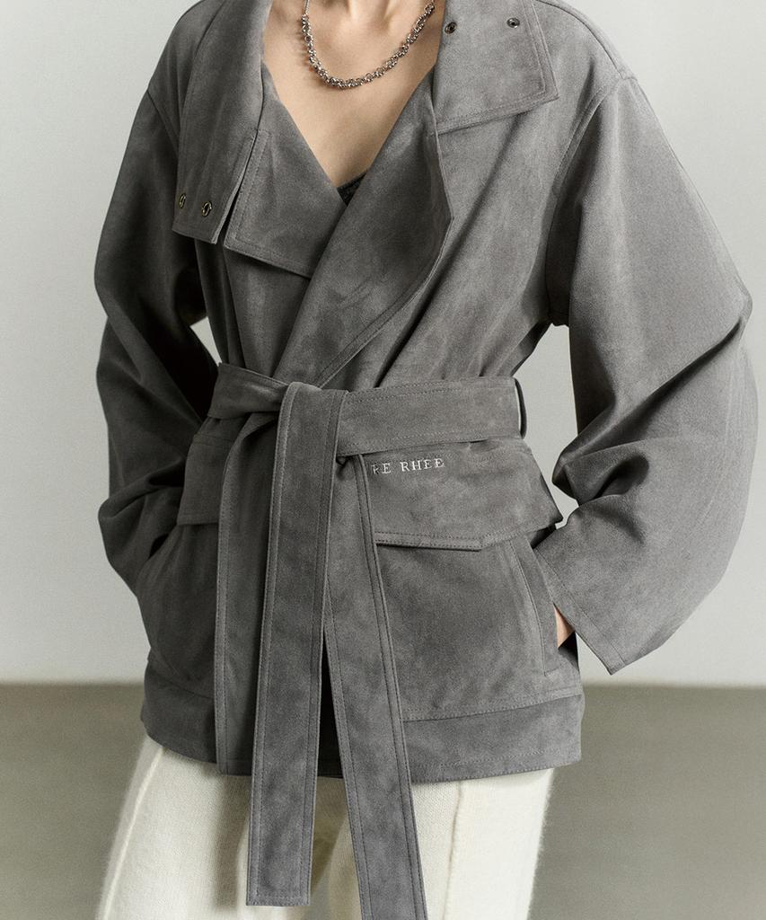 Re Rhee Suede Funnel Neck Jacket Stone