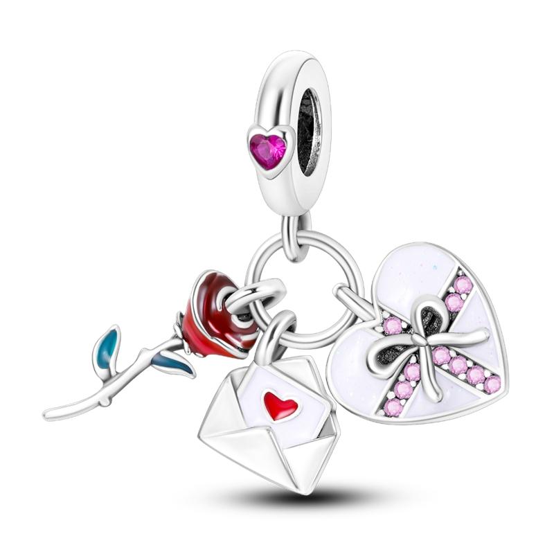 Fit Bracelet Inlaid Zircon Beads Charms 925 Sterling Silver Heart -Shape Colorful Dangle Pendants Bangle Jewelry
