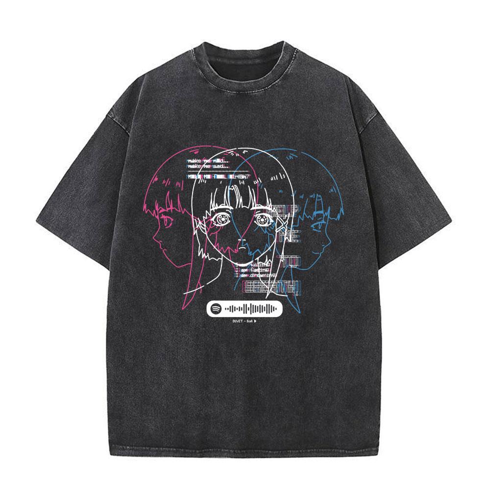 Serial Experiments Lain Anime Vintage Washed T-Shirt Manga Iwakura Girl Sci Fi Short Sleeve T-shirts 100% Cotton Casual T Shirt