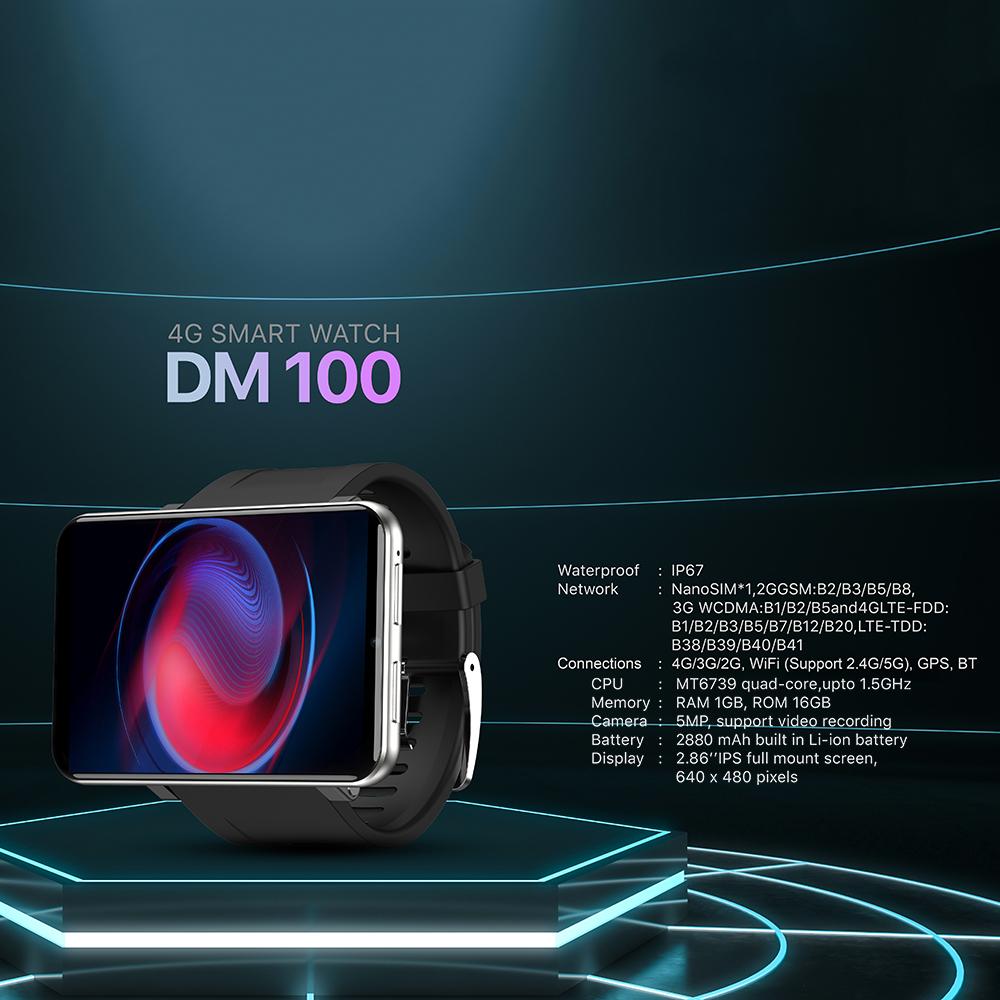 DM100 2.86 4G Смарт-часы со слотом для SIM-карты Полный сенсорный экран Аккумулятор 2880 мАч Камера Музыка Бесплатный видеочат Пульс