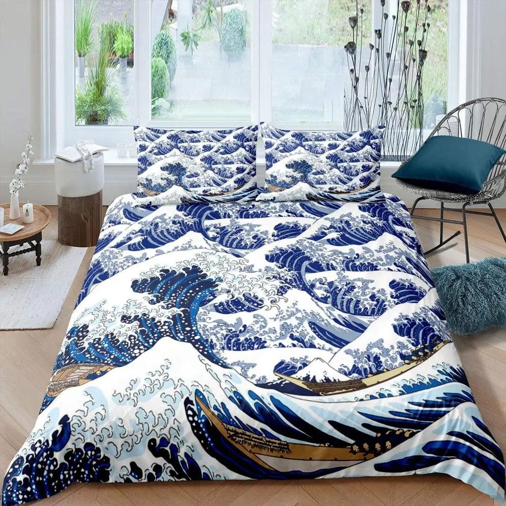 Japanese Wave Duvet Set Three-Piece Set, Japanese Traditional Painting Sea Theme Bedding Set