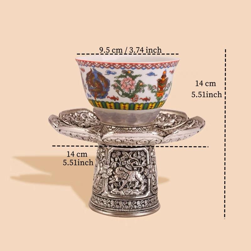 Серебряная буддийская высокая чаша из сплава, тантрическая чаша для святой воды, выгравированная восьмерка благоприятных символов из фарфора, тибетская настольная декоративная чаша