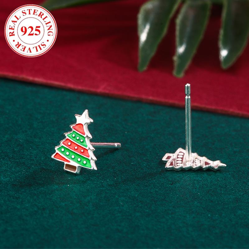 S925 Sterling Silver Christmas Tree Epoxy Stud Earrings for Women