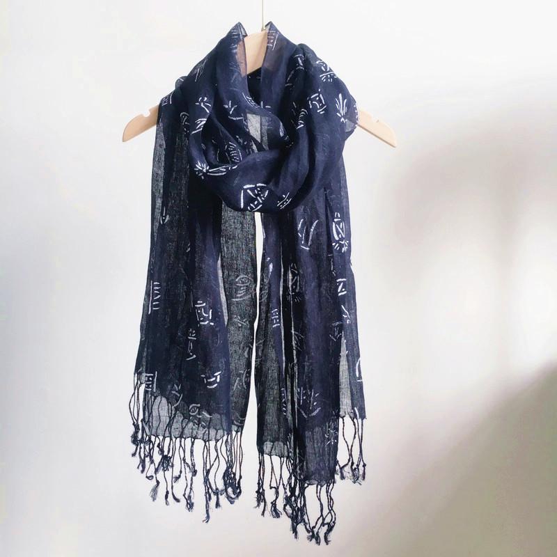 Navy Blue Scarf Japanese Style Pure Linen Printed Women'S Scarf Beach Sunscreen Silk Scarf