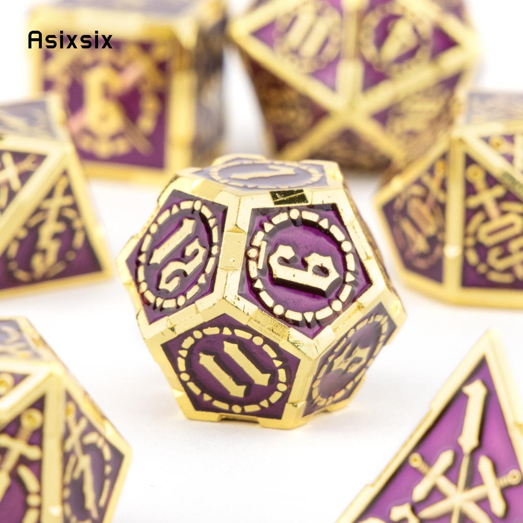 7 Pcs Golden Purple Double Swords Metal Dice Solid Polyhedral Dice Set Suitable for Role-Playing RPG DND Pathfinder Board Game