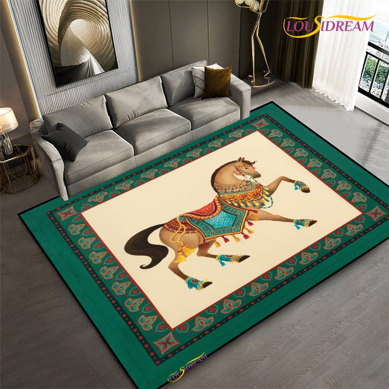 Мода Этническая Рамка Ковер Лошадь Домашний Декор Прямоугольный Ковер для Комнаты Черный Зеленый Оранжевый Гостиная Спальня Прикроватный Напольный Коврик для Стола