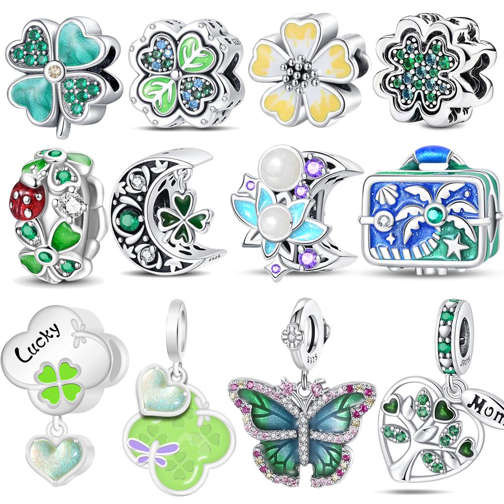 Green Collection Copper Lucky Four Leaf Clover Charm Fit Original Bracelet Leaves Charm For Women Fine Jewelry Diy