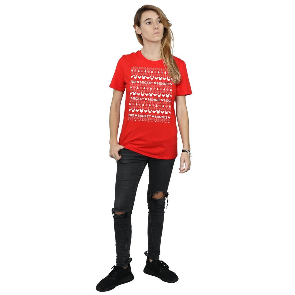Disney Womens/Ladies Mickey And Minnie Christmas Fair Isle Cotton Boyfriend T-Shirt