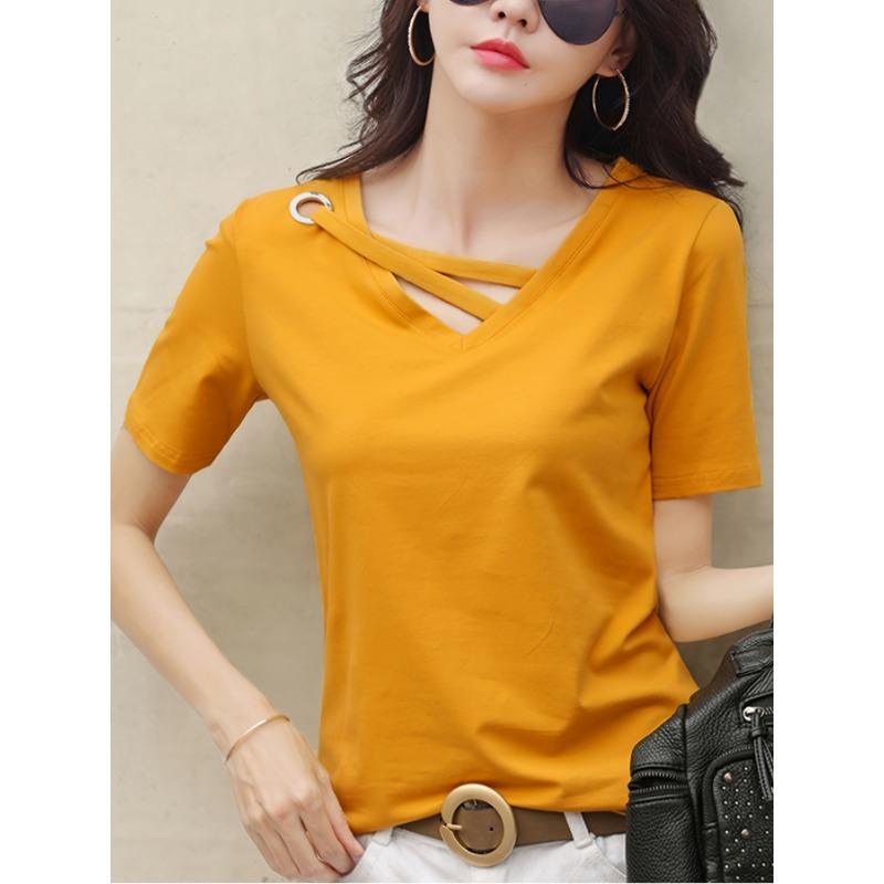 Женская повседневная модная летняя белая футболка с V-образным вырезом