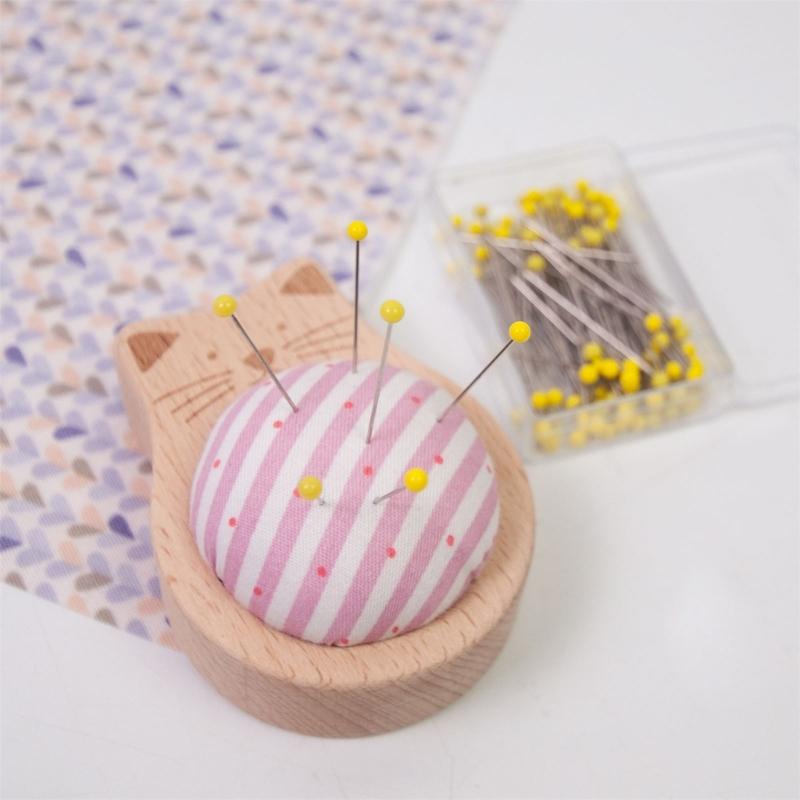 Wood Pin Cushion with 100Pcs Sewing Pin for Dressmaking Needlework Sewing 38mm Quilting Positioning Pin with Pin Holder