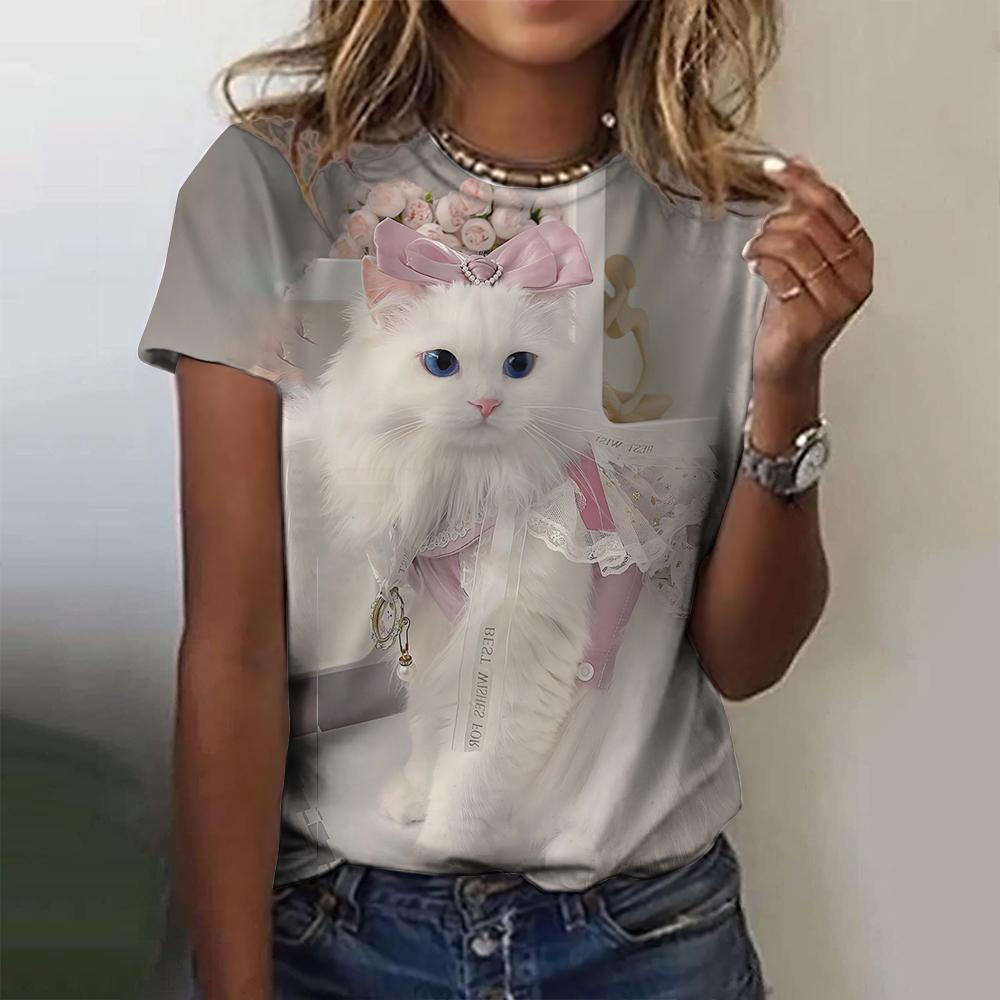Популярная женская футболка с 3D-принтом, кошка, летняя мода, короткий рукав, круглый вырез, уличная одежда, повседневный топ в стиле Харадзюку