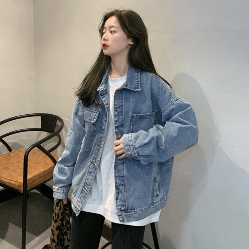 Women Jean Jacket Plus Size Denim Coat Spring Autumn Single Breasted Solid Color Pocket Denim Jacket