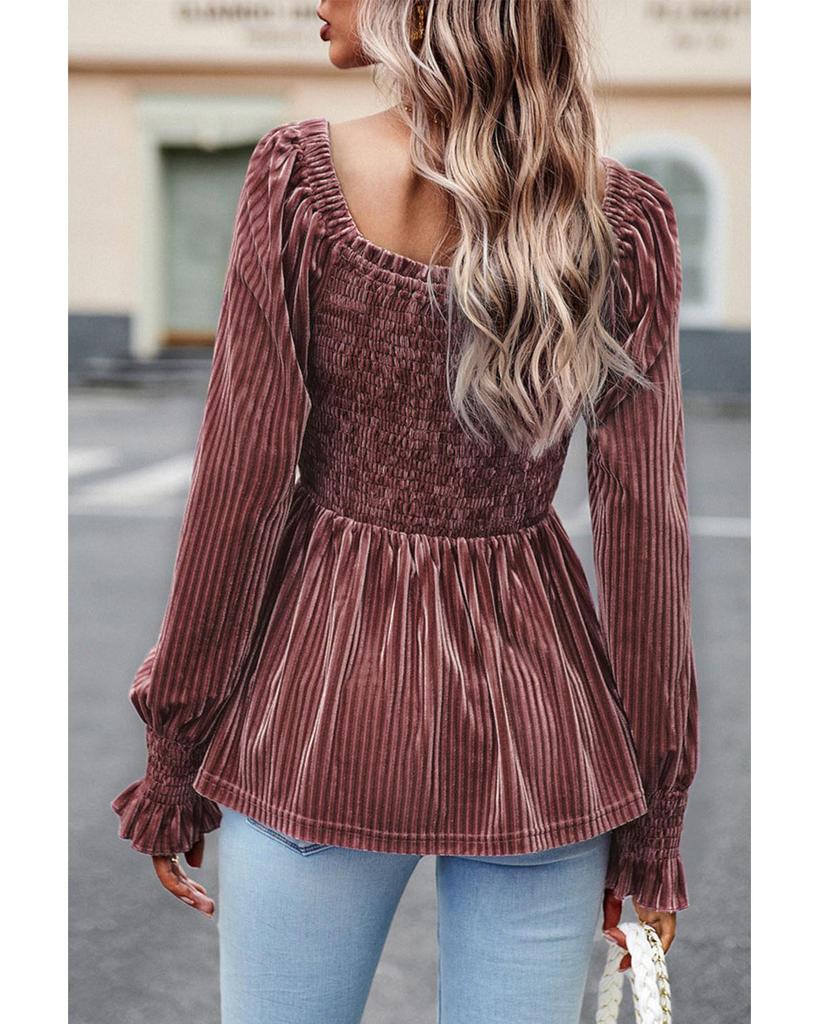 Azura Exchange Pink Smocked Ribbed Velvet Babydoll Top