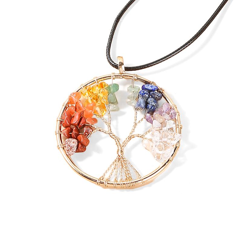 JD Natural Crystal Chip 7 Chakras Tree Of Life Pendant Necklace Gold Color Wisdom Reiki Healing Energy Jewelry Lucky Couple Gift