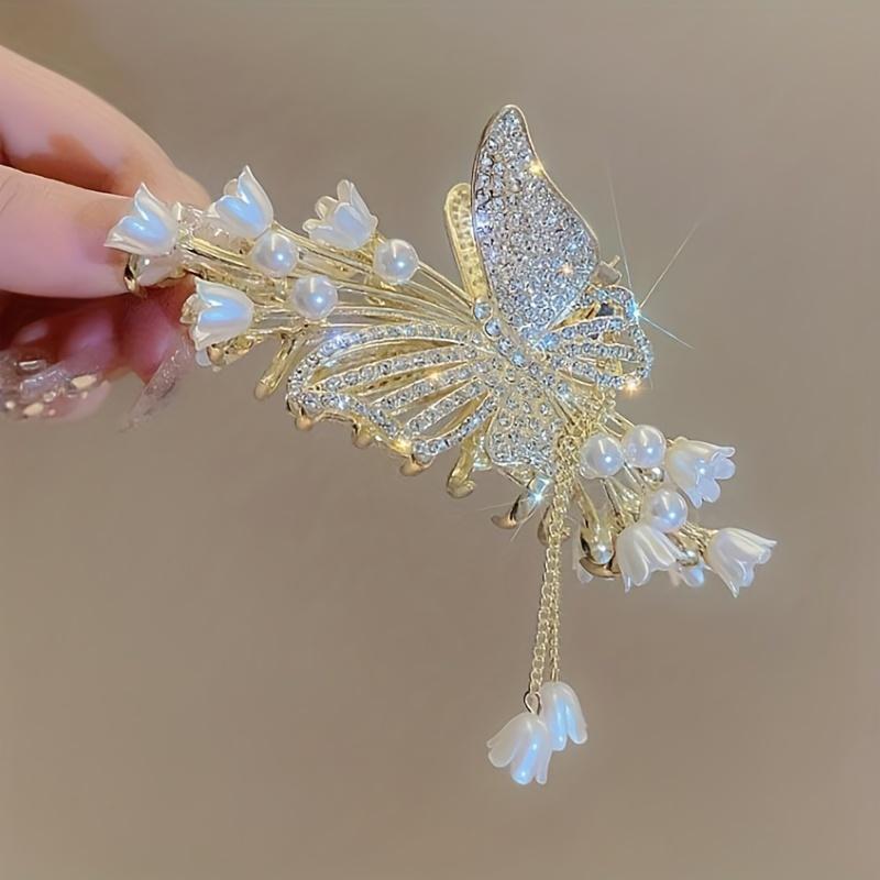 1Pc Cool Flower Butterfly Rhinestone Artificial Pearl Tassel Hairpin, Fairy Hair Accessories, Ideal for Gifts