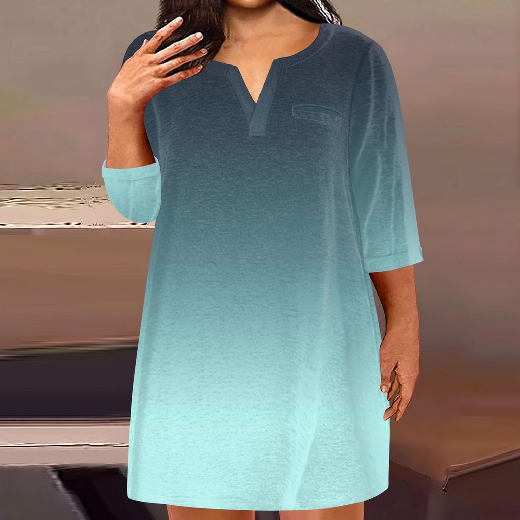 Women's Fashion Plus Size V-Neck Seven Sleeve Casual Printed Loose With Pockets Dresses