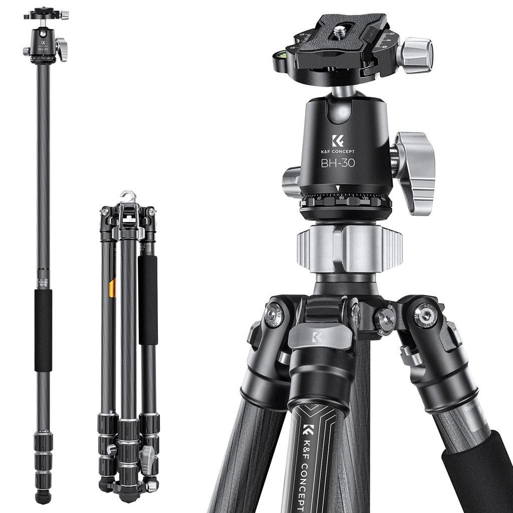Concept Tripod Carbon Camera Tripod 8 Layer Carbon Fiber Total Height 172cm 4 Tiers Adjustable Monopod 30mm Ball Low Center of Gravity Head 25mm Pipe