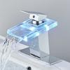 LED Bathroom Sink Faucet Brass Waterfall Temperature Colors Change Bathroom Mixer Tap Deck Mounted Wash Sink Glass Taps