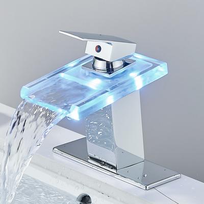 Светодиодный смеситель для раковины в ванной комнате с водопадом из латуни, с изменением температуры и цветов, смеситель для ванной комнаты, настенный смеситель для раковины, стеклянные краны