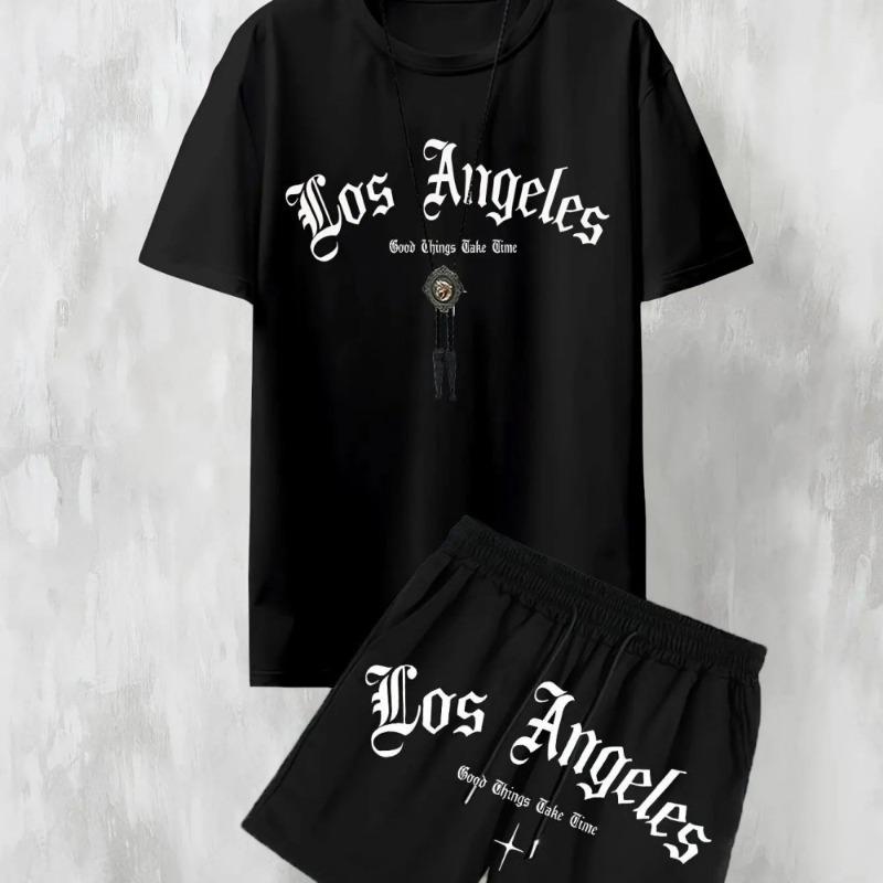 Новый мужской повседневный комплект из футболки с принтом букв Los Angeles и шорт, удобный, для улицы, двухпредметный комплект