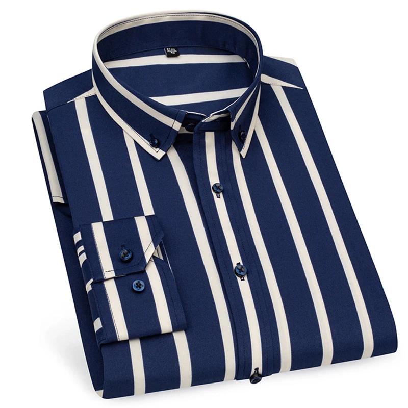 Мужские повседневные рубашки с длинным рукавом, не требующие глажки, полосатые, на пуговицах, с квадратным воротником, мягкие на ощупь, новый стиль, повседневные, для бизнеса, платья, одежда