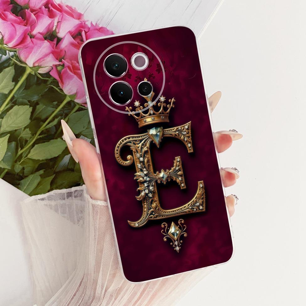 For Vivo V2341 Case For Vivo V40 Lite 5G Cover Transparent Luxury Crown A-Z Letters 2D Flat Pattern Soft Casing