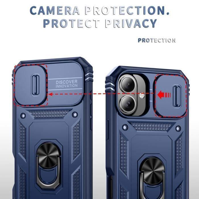 Coque de protection - BOOLING - pour iPhone 16 - Rigide Antichoc - Support Anneau Rotatif - Bleu Marine