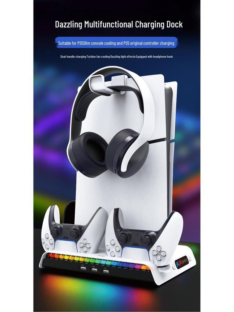 PS5 PRO/Slim RGB Cooling Station: Console Stand, Controller Charger, Disc Storage & Headset Rack