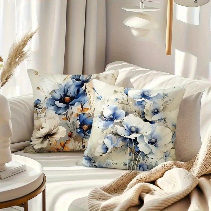 Soft Blue Anemone Watercolor Pillowcase: Minimalist Floral-Themed Cushion Cover For Home Sofa Decor